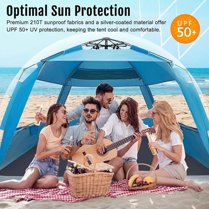 WhiteFang Deluxe Pop Up Beach Tent Sun Shade Shelter for 3-4/5-6 Person, UV Protection, Extendable Floor with 3 Ventilating Windows Plus Carrying Bag, Stakes, and Guy Lines