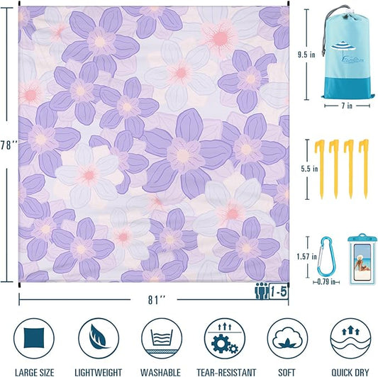 Beach Blanket Sandproof Waterproof 78''×81''1-5 Adults Oversized,Compact Lightweight Durable Beach Mat for Travel Camping Hiking Picnic Blanket