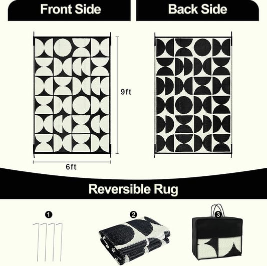 Wonnitar Waterproof 6x9 Outdoor Rug for Patio Clearance, Reversible Plastic Straw Rug Large Portable Camping RV Rug, Geometric Outside Area Rug for Backyard Balcony Garden (Black & White,6'x9')