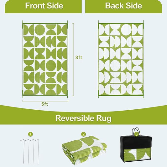 Wonnitar Waterproof Outdoor Rug 5x8, Reversible Plastic Straw RV Rug for Camping, Outside Patio Area Rug, Indoor Outdoor Portable Mat for Picnic Backyard Balcony Deck Decor (Green,5'x8')