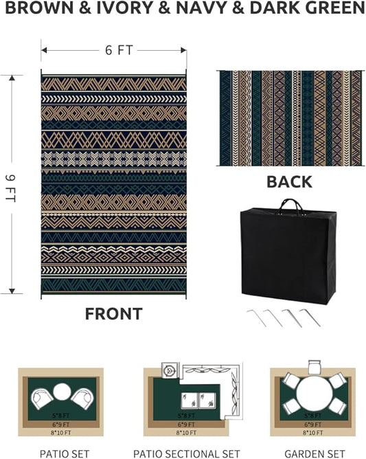 MontVoo Outdoor Rug Carpet Waterproof-Patio Rug Mat 6x9 Reversible RV Camping Rug Picnic Mat Plastic Straw Outside Rug for Balcony Porch Deck Beach-Boho Outdoor Area Rug for Patio Decor Colorful