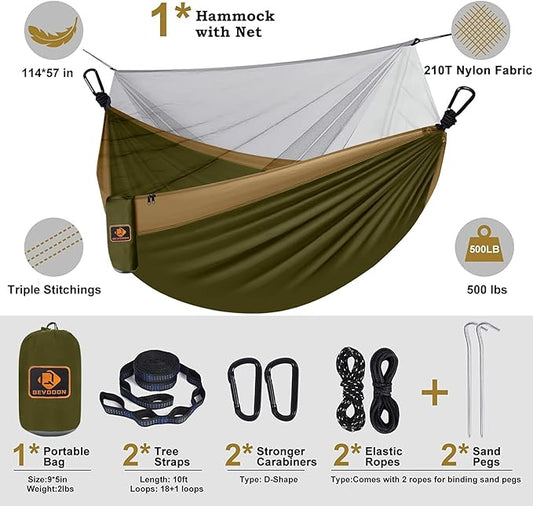 Camping Hammock with Net,Portable Lightweight Double Hammocks with Tree Straps and Solid D-Shape Carabiners,Parachute Nylon Hammock for Backpacking Beach Backyard Patio Hiking Green&Khaki