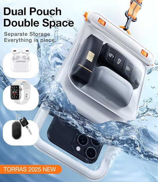 TORRAS IP68 Waterproof Phone Pouch Double Space, Floating Waterproof Phone Case with Lanyard for iPhone 16 Pro Max 15 14 13 S25 S24, Phone Dry Bag Vacation Cruise Ship Travel Essentials 7.0'', White