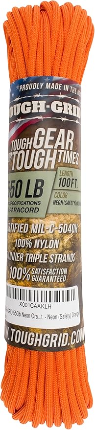 TOUGH-GRID Premium Neon Orange Paracord 550 lbs Made in USA Outdoor Survival Nylon Rope Tactical Heavy Duty Strands Parachute Cord Used by US Military Type III Mil-Spec