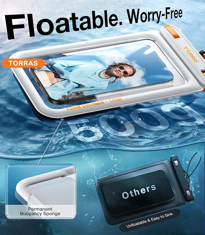 TORRAS IP68 Waterproof Phone Pouch Double Space, Floating Waterproof Phone Case with Lanyard for iPhone 16 Pro Max 15 14 13 S25 S24, Phone Dry Bag Vacation Cruise Ship Travel Essentials 7.0'', White
