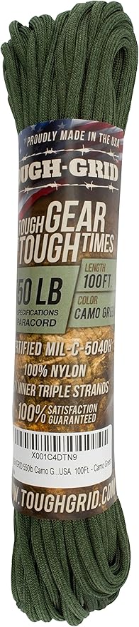 TOUGH-GRID Premium Camo Green Paracord 550 lbs Made in USA Outdoor Survival Nylon Rope Tactical Heavy Duty Strands Parachute Cord Used by US Military Type III Mil-Spec