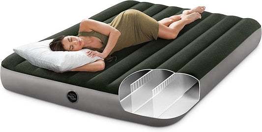 Intex 64779E Dura-Beam Standard Prestige Air Mattress: Fiber-Tech - Queen Size - Hand-Held Battery Pump - 10in Bed Height - 600lb Weight Capacity