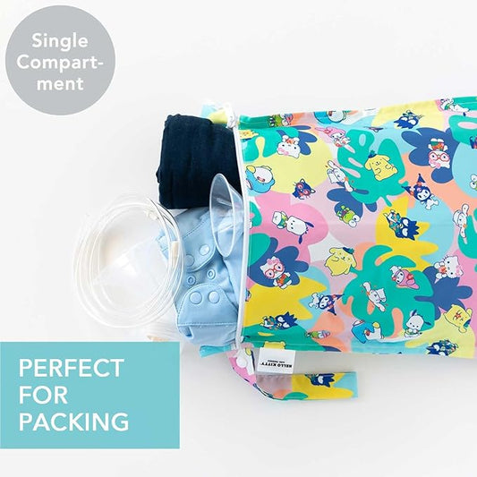 Bumkins Waterproof Wet Bag for Baby, Travel, Swim Suit, Cloth Diapers, Pump Parts, Pool, Beach, Gym Clothes, Toiletry, Hook to Stroller, Daycare, Zipper Reusable Wetdry Packing Pouch, Hello Kitty Luau