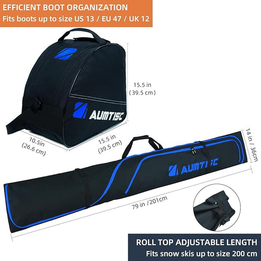 AUMTISC Ski Bag and Boot Bag Combo, Padded Ski Bags for Air Travel Flying, Adjustable Length for Skis Up to 200 cm and Boots Up to Size 13