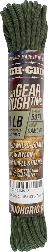 TOUGH-GRID Premium Camo Green Paracord 550 lbs Made in USA Outdoor Survival Nylon Rope Tactical Heavy Duty Strands Parachute Cord Used by US Military Type III Mil-Spec