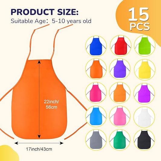 Caydo 15 Pieces Middle Size Kids Painting Apron for Ages 5 to 10, in Kitchen, Classroom, Community Event, Crafts and Art Painting Activity, 15 Colors