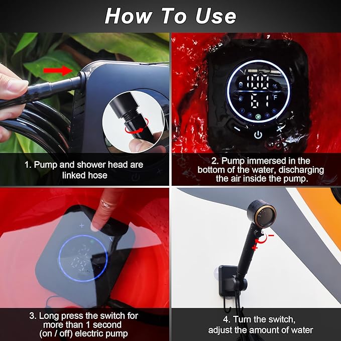 Portable Shower for Camping - 8000mAh Rechargeable Outdoor Shower Pump with 5 Pressure Modes, LED Display, IPX8 Waterproof, Lightweight Design for Hiking, Travel, Pet Cleaning, and Emergency