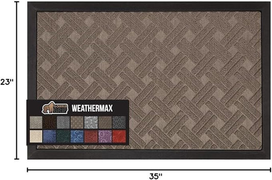 GORILLA GRIP 100% Waterproof All-Season WeatherMax Doormat, 23x35, Durable Natural Rubber, Stain and Fade Resistant, Low Profile, Indoor Outdoor Door Mats, Easy Clean Entrance Mat, Taupe Basket Weave