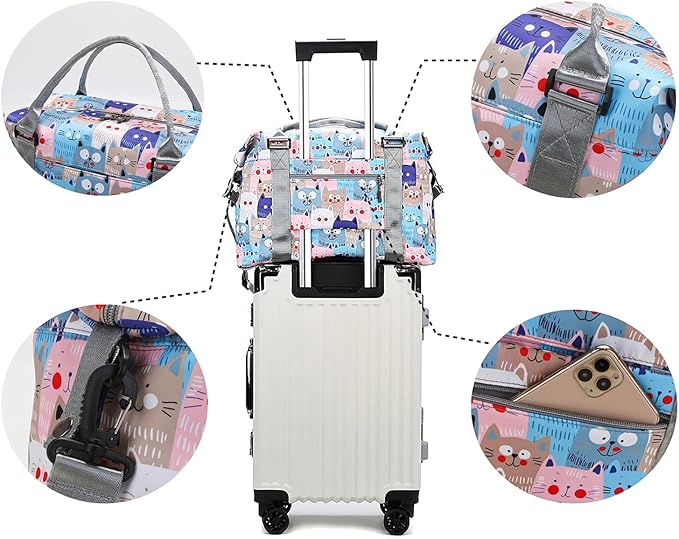 Travel Duffle Bag Weekender Overnight Bag Gym Tote with Wet Pocket for Women Girls Workout Duffel Bag Water Resistant (W-Cute Cats+Toiletry Bag)