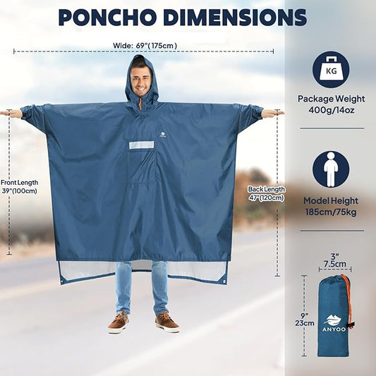 ANYOO Hooded Rain Poncho for Adults Waterproof Lightweight Rain Coat for Men Women Reusable Rain Jacket for Emergency Outdoor