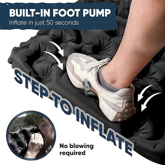 POWERLIX Sleeping Pad for Camping with Built in Pillow, Foot Pump Inflatable Camping Mat Bed, Lightweight Outdoor Camping Air Mattress Camping Pad for Backpacking Hiking Travelling Black