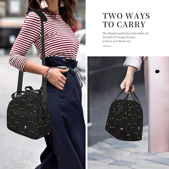 bassyil Black Cat Lunch Box Reusable Insulated Totes Lunch Bag Thermal Cooler Adjustable Shoulder Strap Bag For Men Women