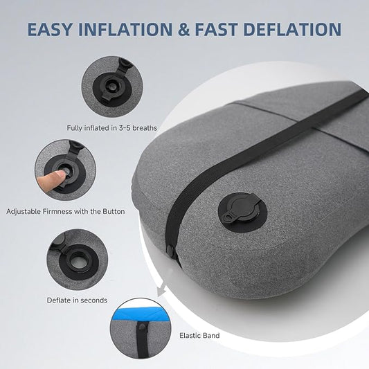 Ultralight Camping Pillow Inflatable with Removable Washable Cover, Compact Travel Pillow for Neck Support, Hiking, Backpacking, Office, Airplane, Car & Beach - Adjustable Firmness (Blue)