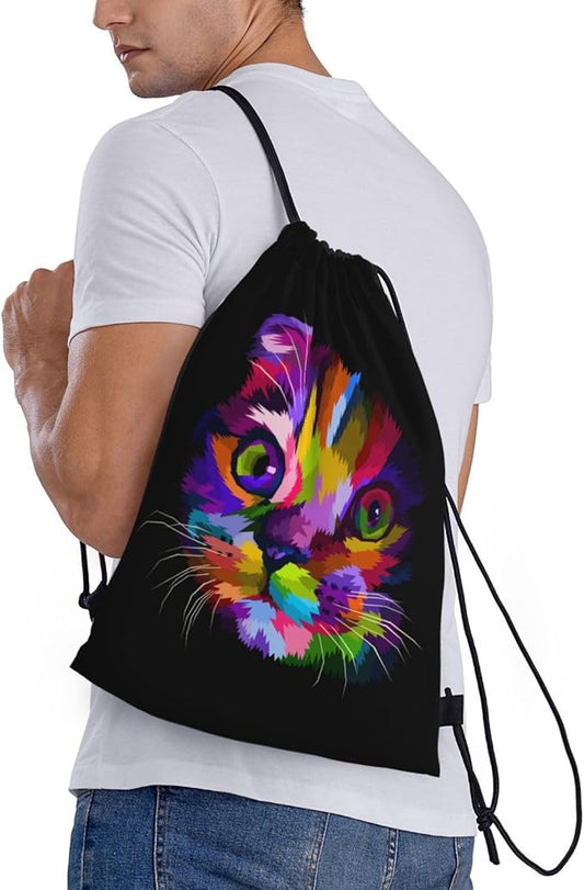 Colorful Cat Drastring Backpack Cute Kitten Gym Bag Sport Dance Training Workout Travel Sackpack Rainbow Clothes Shoes Storage Cinch Bag