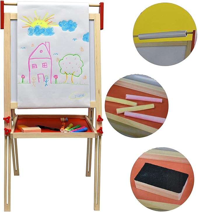 Deluxe Standing Art Easel, Dry-Erase Board Chalkboard Magnetic Whiteboard Paper Roll and Accessories, Ultimate All-in-One Wooden Kid's Art Easel