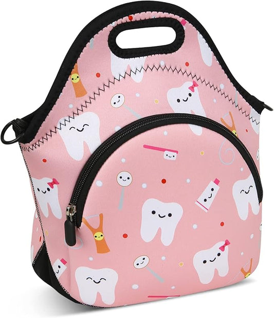 Violet Mist Neoprene Thermal Insulated Lunch Bag Tote for Women, Soft Large with Extra Pocket, Adjustable Shoulder Strap, Pink Teeth