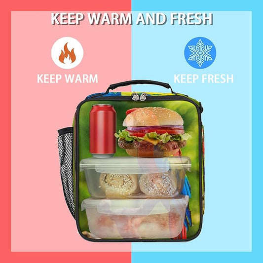 Parrot Lunch Bag, Tropical Bird Parrot Kids Lunch Box Reusable Insulated Lunch Bag for Boys Girls Back to School Thermal Cooler Lunch Tote Leakproof Lunch Box with Shoulder Strap for School Daycare