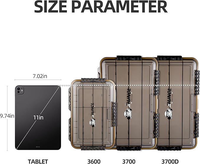 RUNCL Fishing Tackle Box, Unique Sun Protection Waterproof 3600 3700 Tray, Thicker Floating Airtight Stowaway with Adjustable Dividers for Freshwater Saltwater, Plastic Storage Box 1/2Pack