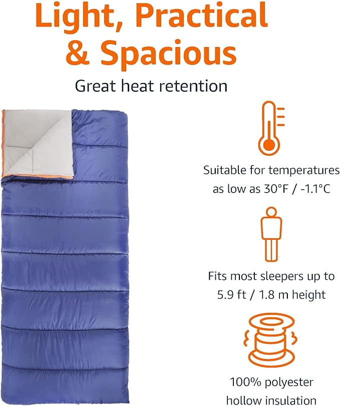Amazon Basics Warm, Lightweight Cold Weather Sleeping Bag, Twin, Blue