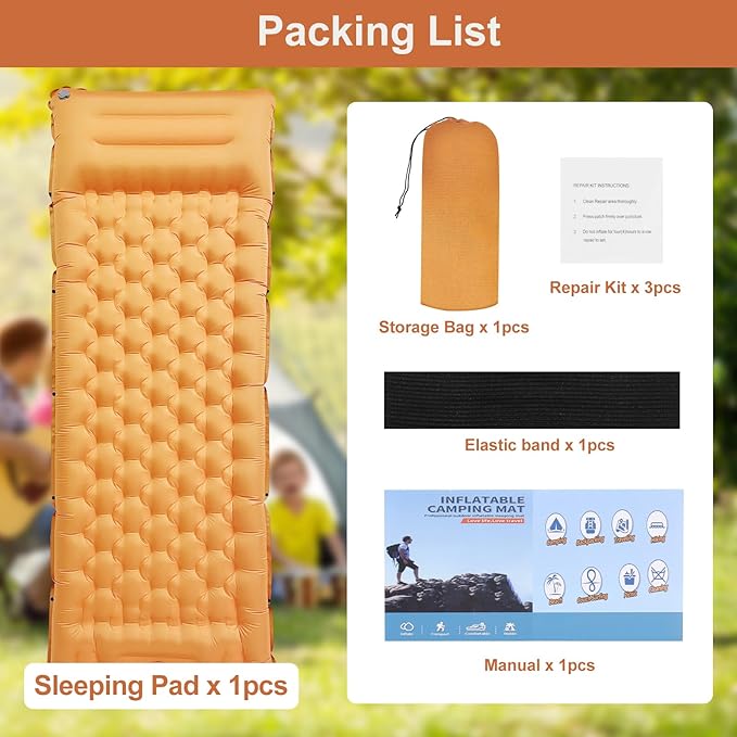 Camping Sleeping Pad, 50D Extra Thickness 4.7 Inch Inflatable Sleeping Mat Lightweight Waterproof Camping with Built-in Pump Air Mattress for Backpacking, Hiking, Tent, Traveling,(Orange+Grey)