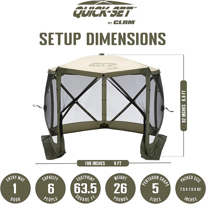 CLAM Quick Set Venture 9x9 Ft Portable Outdoor Camping Canopy Shelter, Green/Tan + Clam Quick Set Screen Hub Tent Wind & Sun Panels, Green (2 Pack)