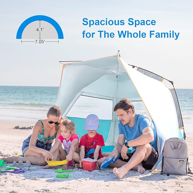 WolfWise 3-4 Person Easy Up Beach Tent UPF 50+ Portable Instant Sun Shelter Canopy Umbrella with Extended Zippered Porch, Blue