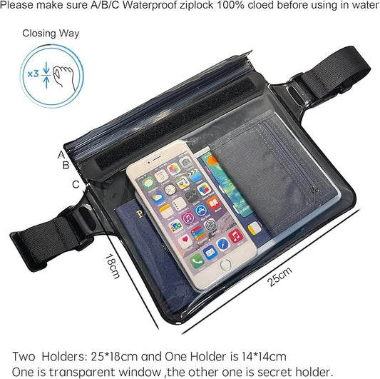 DRLOKPAK Waterproof Waist Pouch Fanny Pack Bum Bag Hip Pouch for Swim Surf Sail Snorkel Kayak Beach Pool to protect Wallet Passport Phone watch eReader mini tablet Dry (Black)