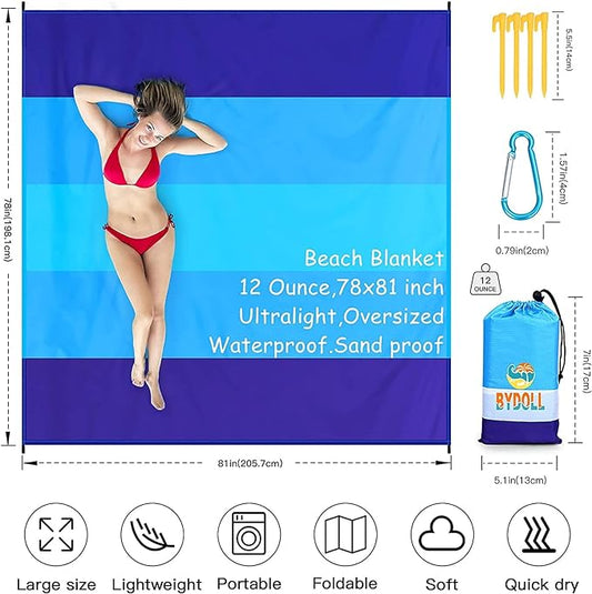 BYDOLL Beach Blanket 78''X81'' 4-7 Adults Oversized Lightweight Waterproof Sandproof Blanket for Beach Large Picnic Mat Travel Camping
