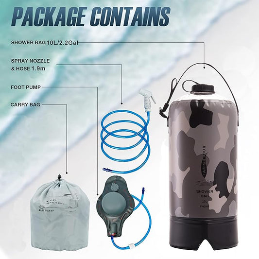 Portable Camping Shower Bag - 10L/2.2 Gallons 20/5 Gallons Solar Shower Water Bag with Foot Pump, Hose and Shower Head - Camp Shower for Camping, Beach, Travel, Outdoor Activities