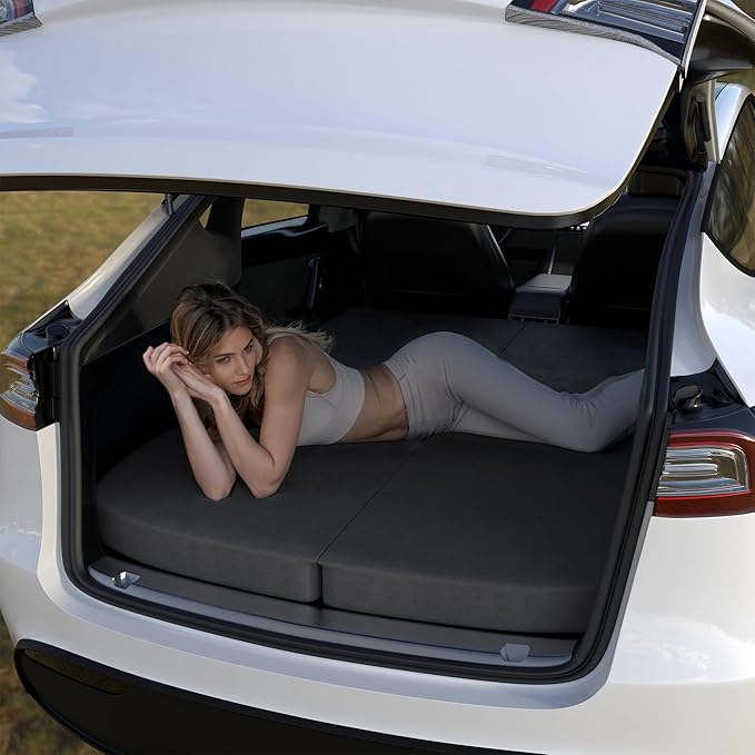 Ferlizer 4" Memory Foam Camping Mattress for Tesla Model Y, 76" x 43", Foldable Car Sleeping Pad with Plush Washable Cover, CertiPUR-US Certified, Dark Grey