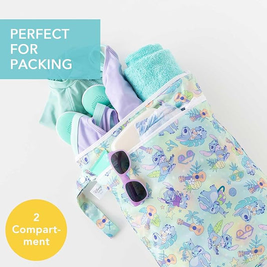 Bumkins Disney Waterproof Wet Dry Bag for Baby, Travel, Swimsuit, Cloth Diapers, Pump Parts, Pool, Beach, Gym Clothes, Toiletry, Hook to Stroller, Daycare, Zipper Reusable Wetdry Packing, Aloha Stitch