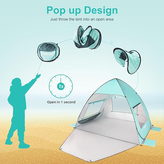 TOBTOS UPF 50+ Pop Up Beach Tent, Easy Set Up Beach Umbrella, Sun Shelter for 2-3 People UV Protection Portable Sunshade, Baby Canopy Cabana, Lightweight with Carry Bag