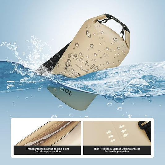 Waterproof Dry Bag 10L Tough & Water-repellent Storage Bag with Adjustable Shoulder Straps Lightweight Portable Backpack Dry Bags for Kayaking Khaki