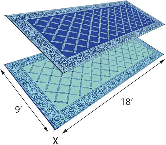 Stylish Camping 119183 9-feet by 18-feet Reversible Mat, Plastic Straw Rug, Large Floor Mat for Outdoors, RV, Patio, Backyard, Picnic, Beach, Camping (Blue/Light-Green)