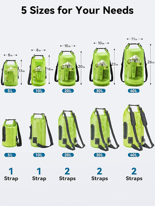 HEETA Dry Bag Waterproof for Women Men, 5L/10L/20L/30L/40L Roll Top Lightweight Dry Storage Bag Backpack with Phone Case for Travel, Swimming, Boating, Kayaking, Camping & Beach, 11 Transparent Colors