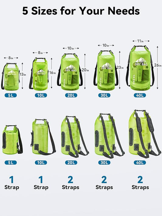 HEETA Dry Bag Waterproof for Women Men, 5L/10L/20L/30L/40L Roll Top Lightweight Dry Storage Bag Backpack with Phone Case for Travel, Swimming, Boating, Kayaking, Camping & Beach, 11 Transparent Colors