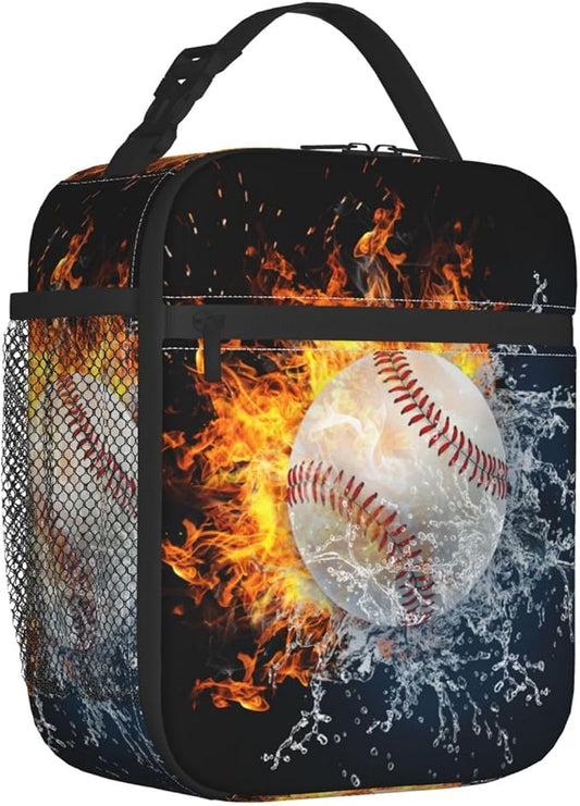 White Baseball Stitches Lunch Box,Cool Fire Water Sport Lunch Bag Sport Insulated for Men Women, Portable Kids Lunch Bag Reusable Baseball Cooler lunchbox for School Work Travel