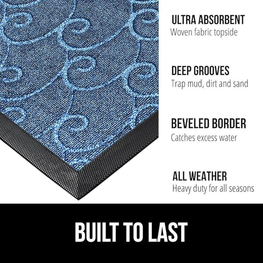 GORILLA GRIP 100% Waterproof All-Season WeatherMax Doormat, Durable Natural Rubber, Stain and Fade Resistant, Low Profile, Indoor Outdoor Door Mats, Easy Clean Entrance Mat, 17x29, Ocean Blue Waves