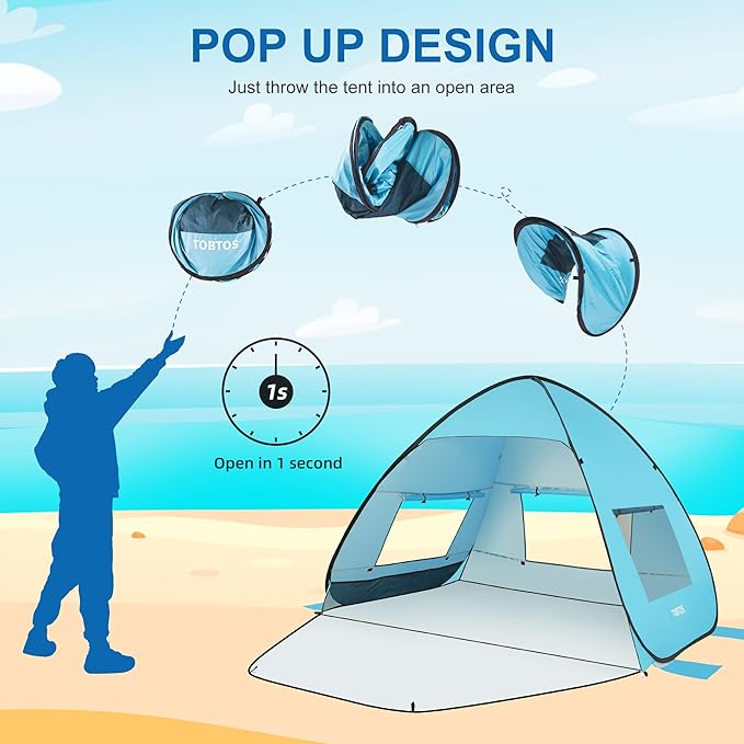 TOBTOS UPF 50+ Pop Up Beach Tent, Easy Set Up Beach Umbrella, Sun Shelter for 2-3 People UV Protection Portable Sunshade, Baby Canopy Cabana, Lightweight with Carry Bag