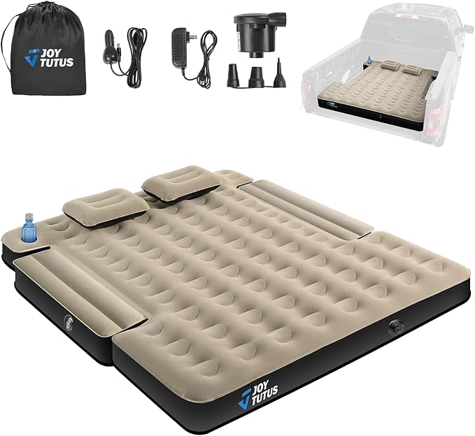 JOYTUTUS Truck Bed Air Mattress for 6.4-6.7Ft, Full Size Regular Beds for Pickup Outdoor Camping, Truck Tent Accessories with Carry Bag & Cup Holder & Cavity Design, Camel&Black