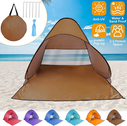 Pop Up Beach Tent for 2-3 Person, UPF50+ Anti-UV Sun Shelter w/Storage Bag, Portable Waterproof Instant Sun Shade Canopy for Outdoor Beach Camping Hiking Travel Family, Coffee
