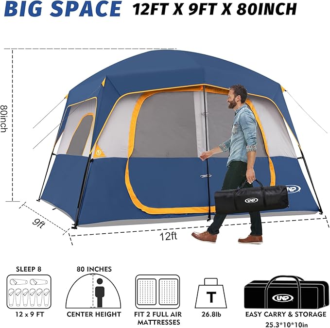 UNP 2/4/6/8 Person Tent, Portable Cabin Tent, Camping Tent 4-Person Easy Set Up, Waterproof with Top Rainfly for Outdoor Camping/Hiking