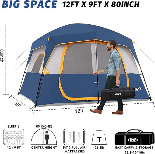 UNP 2/4/6/8 Person Tent, Portable Cabin Tent, Camping Tent 4-Person Easy Set Up, Waterproof with Top Rainfly for Outdoor Camping/Hiking