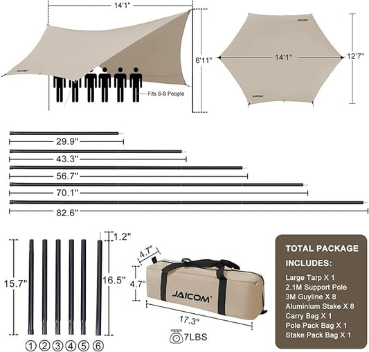 Camping Tarp, 14 X 12FT Tarp with 2 Poles, Waterproof & Lightweight Tent Tarp Car Awning, UV UPF50+ Rain Fly Sun Shelter Can Used with Hammock in Outdoor, Garden and Backpacking