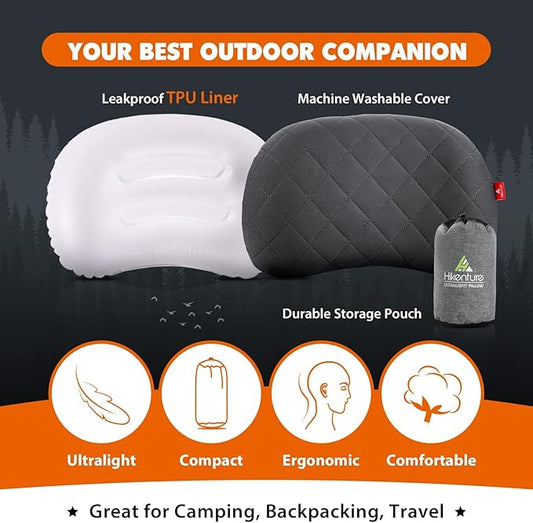 Hikenture Inflatable Pillow for Camping, Washable Backpacking Pillow for Sleeping, Ultralight Blow Up Pillows with Removable Cover, Portable&Compact Hiking Pillow for Beach, Travel, Outdoor(Grey)